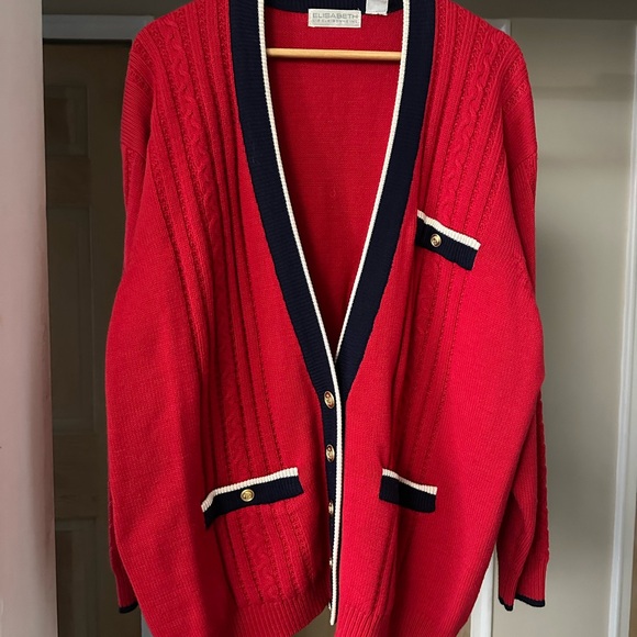 Liz Claiborne Vintage Red Cable Knit Cardigan Sweater 1x Gold Buttons Preppy - Picture 1 of 3